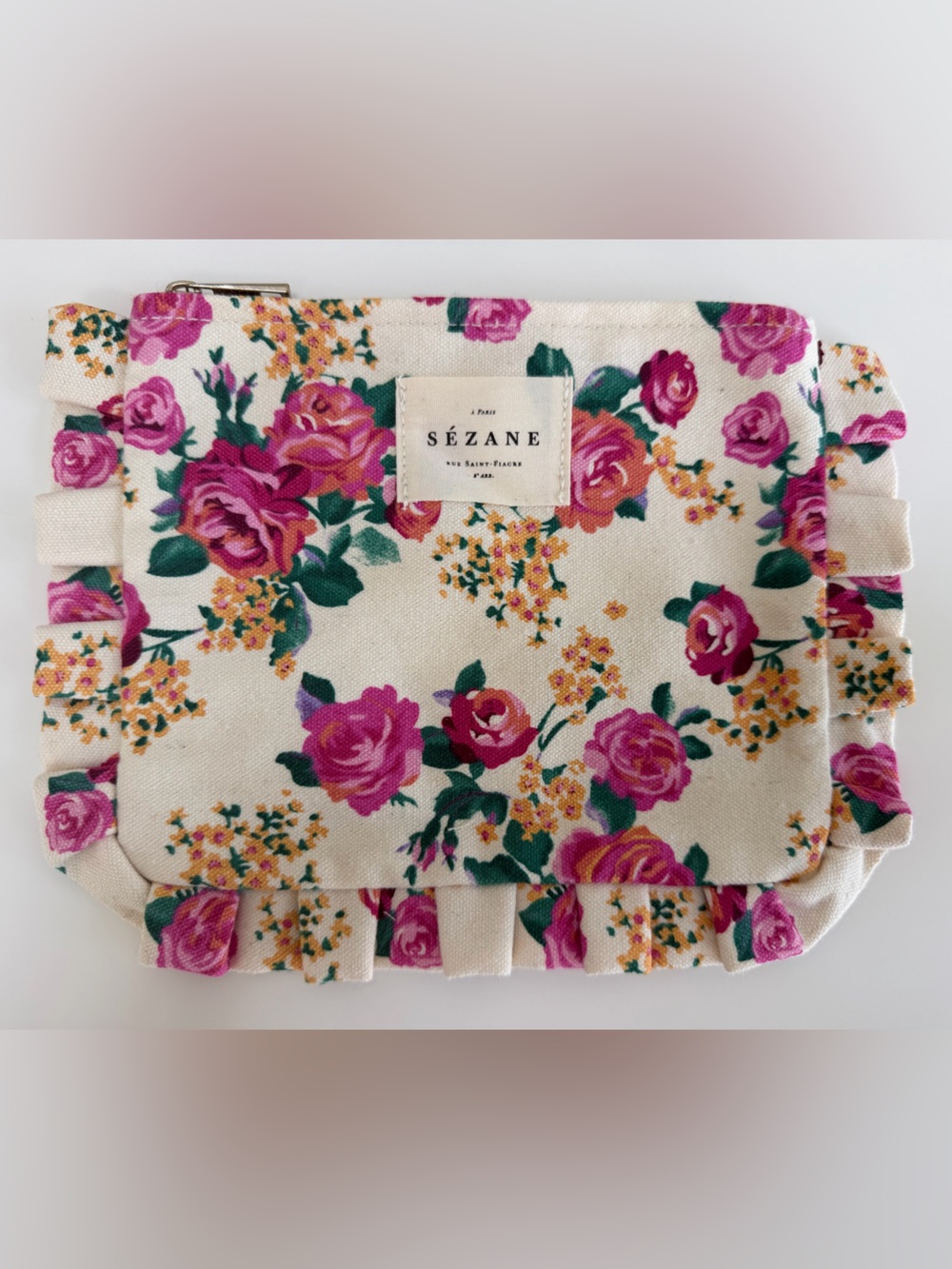 Sezane Floral Cosmetic Pouch in Cream and Pink